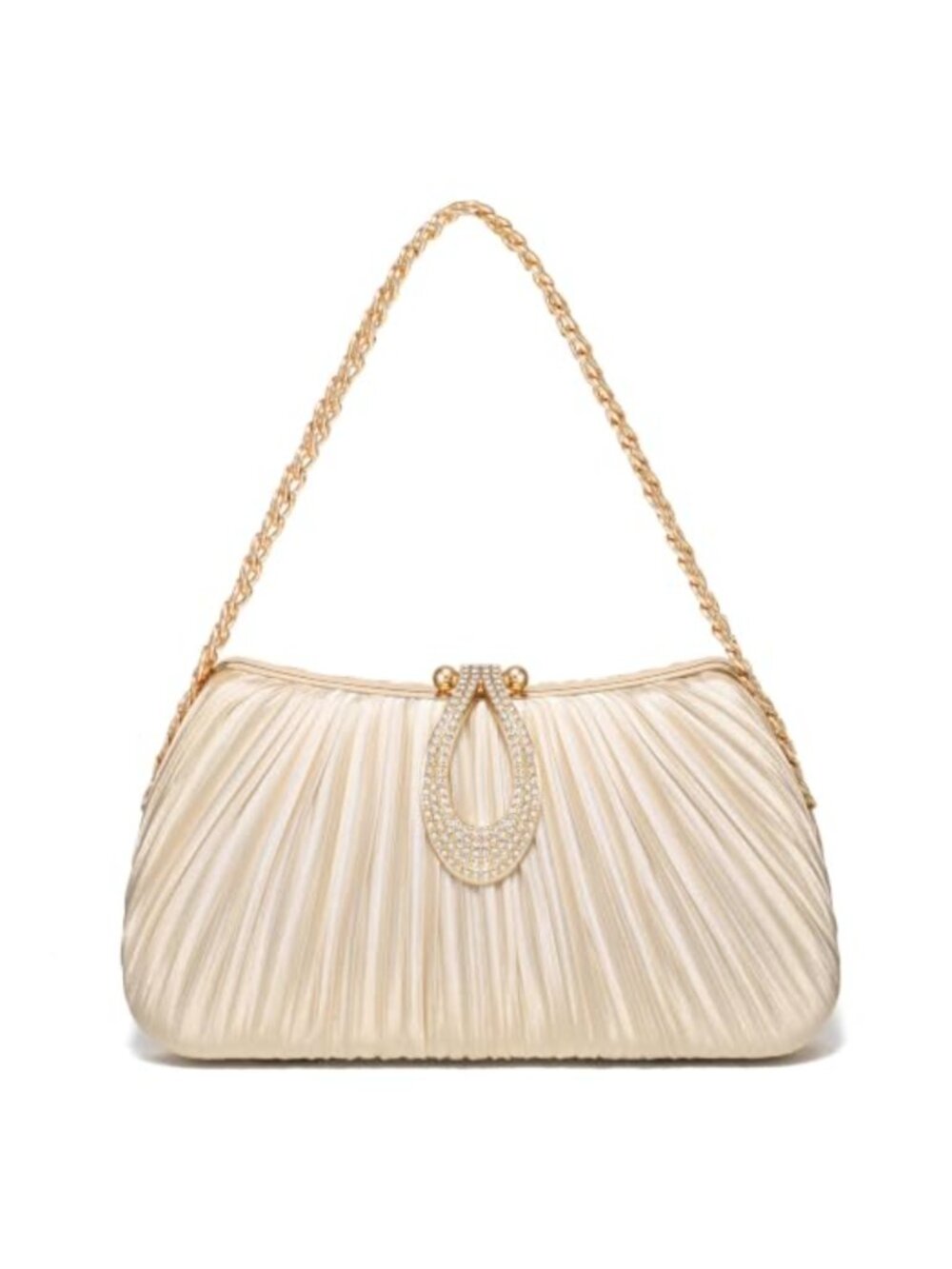 Pleated Satin Evening Clutch Formal Dress Handbag Gold-Tone Rhinestone